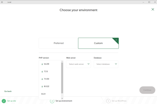 環境の選択 (Choose your environment) - Custom - PHP 選択