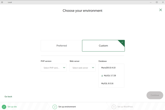 環境の選択 (Choose your environment) - Custom - Database 選択