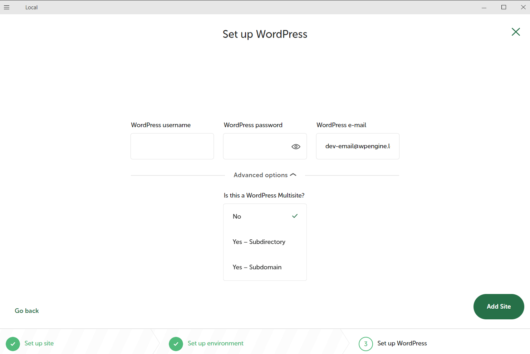 Set up WordPress - Advanced options 画面