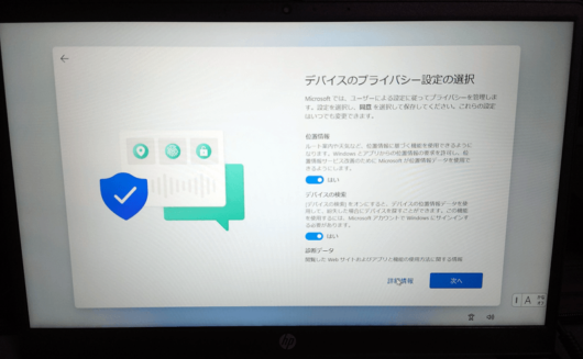 Windows 11 Home セットアップ画面 デバイスのプライバシー設定の選択
