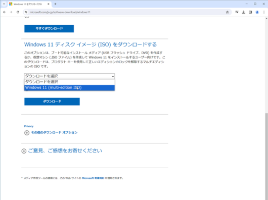Windows 11 ディスク イメージ (ISO) をダウンロードする - ダウンロードを選択