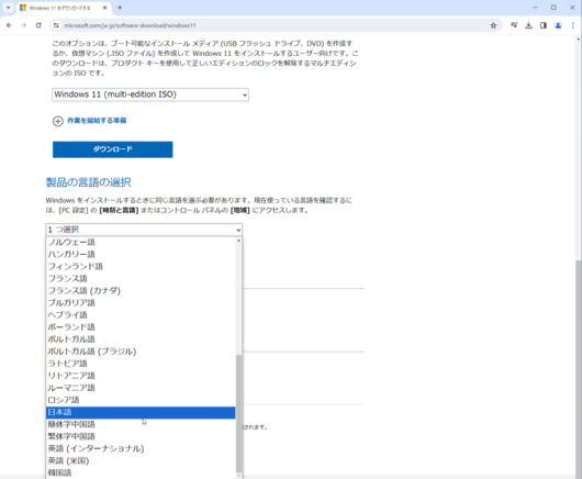 Windows 11 ディスク イメージ (ISO) をダウンロードする - 製品の言語の選択