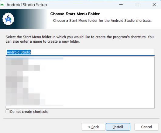 Android Studio Setup - Choose Start Menu Folder