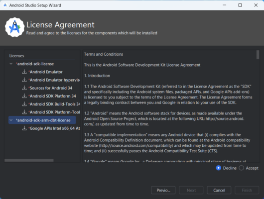 Android Studio Setup Wizard - License Agreement - android-sdk-arm-dbt-license