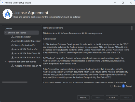Android Studio Setup Wizard - License Agreement - android-sdk-license - Accept