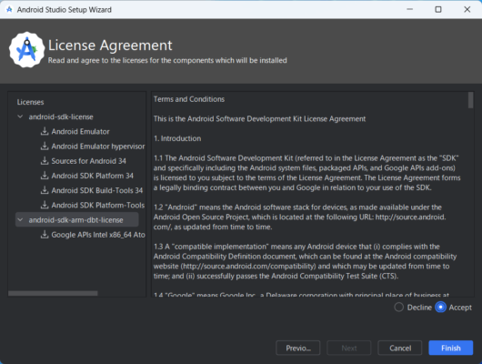 Android Studio Setup Wizard - License Agreement - android-sdk-arm-dbt-license - Accept
