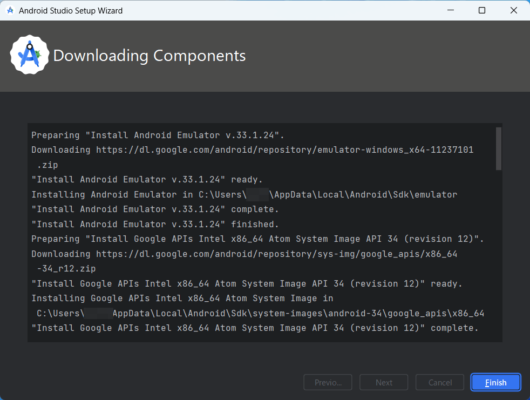Android Studio Setup Wizard - Downloading Components - Finish