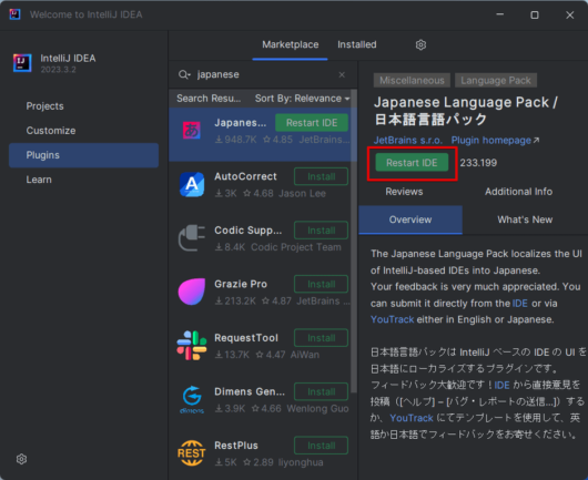 IntelliJ IDE - Plugins - Japanese Language Pack をインストール IDE の再起動