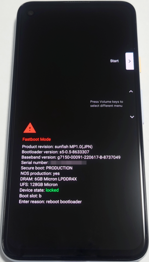 Pixel 4a - bootloader - Device State: locked