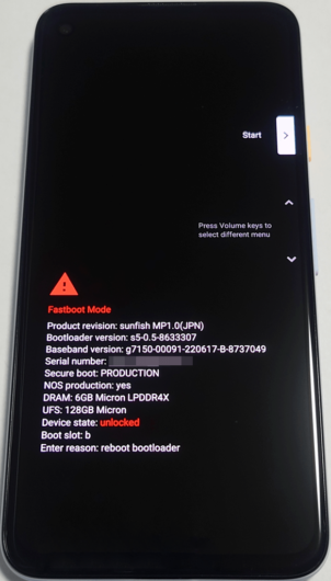 Pixel 4a - bootloader - Device State: unlocked