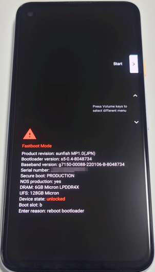 Pixel 4a - bootloader - Device State: unlocked