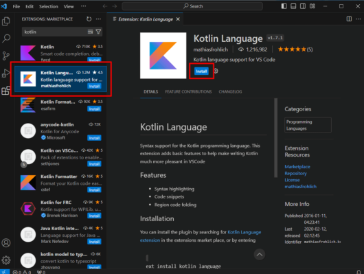Visual Studio Code - Kotlin Language Extension