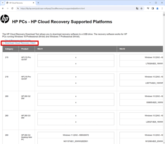 HP PCs - HP Cloud Recovery Supported Platforms のページからダウンロード