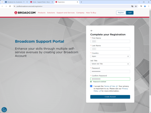 Broadcom Support Portal ‐ Complete your Registration 入力