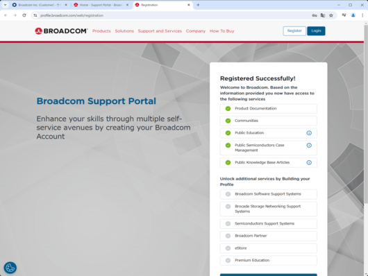 Broadcom Support Portal ‐ Registered Successfully!