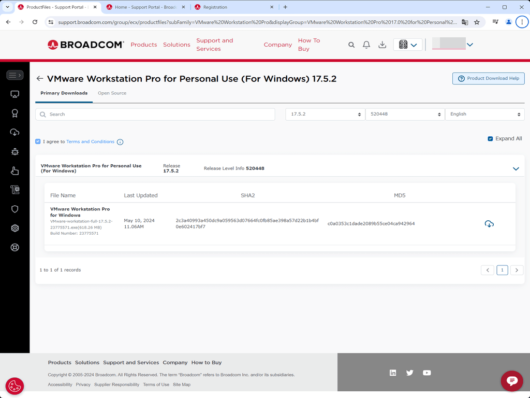 Broadcom Support Portal - VMware Workstation Pro 17 for Personal Use (Windows) - 17.5.2 - 利用規約にチェック