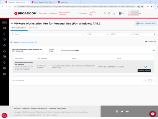 Broadcom Support Portal - VMware Workstation Pro 17 for Personal Use (Windows) - Screening Required をクリック