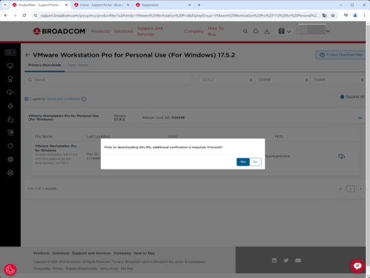 Broadcom Support Portal - VMware Workstation Pro 17 for Personal Use (Windows) - 追加の確認が必要