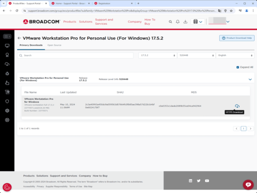 Broadcom Support Portal - Trade Compliance Verification 入力後 - HTTPS Download をクリック