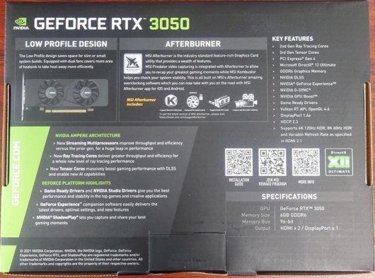 MSI の GeForce RTX 3050 LP 6G 箱背面