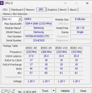 HP EliteDesk 800G5 SFF メモリ追加前 CPU-Z - SPD - Slot1