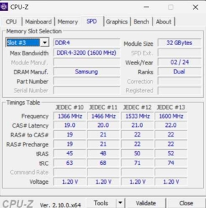 HP EliteDesk 800G5 SFF メモリ追加後 CPU-Z - SPD - Slot3