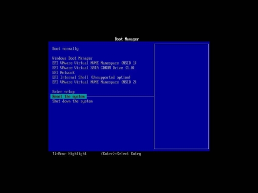 仮想マシンの Boot Manager からいったん Reset the system