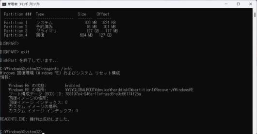 コマンドプロンプトで reagentc /info を確認