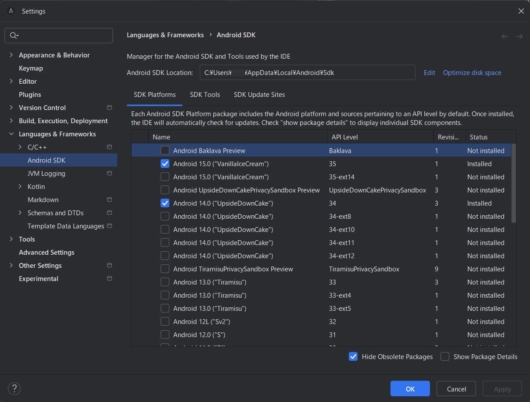 SDK Manager で Android SDK Platform Baklava Preview をダウンロード