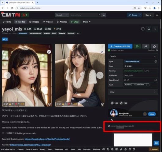 CivitAI サイト - ライセンスについて記載がある場所