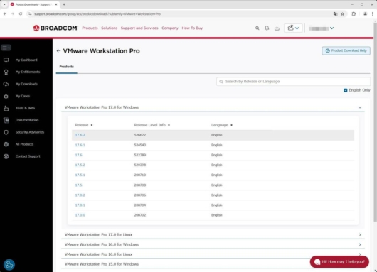 Broadcom Support Portal - VMware Workstation Pro 17 - 17.6.2