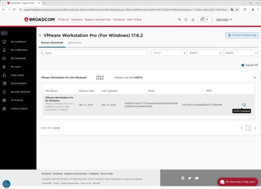Broadcom Support Portal - VMware Workstation Pro 17 - 17.6.2 をダウンロード